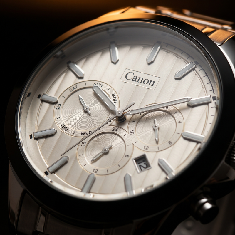 Canon analog quartz watch with day-date subdials, silver dial, and stainless steel case