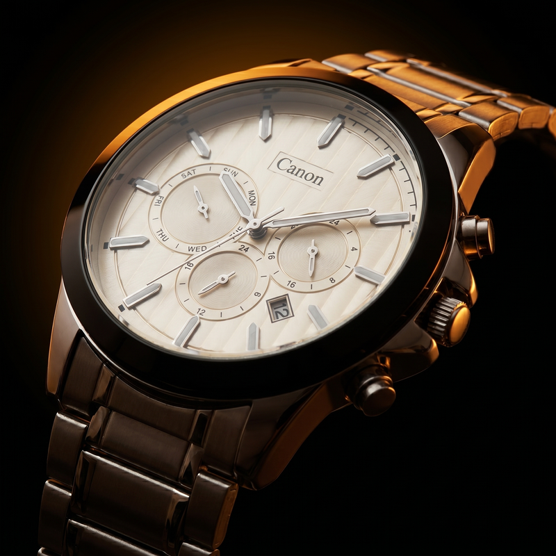 Elegant gold-tone men's analog quartz watch with day-date subdials and metal bracelet, classic design