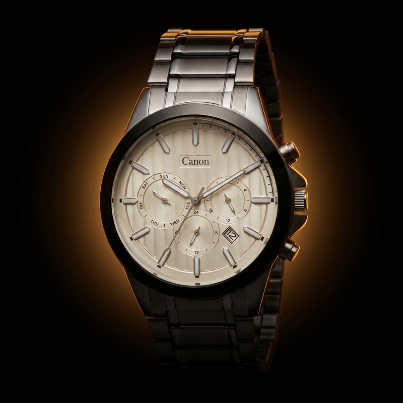 Canon men's analog quartz watch with day-date subdials, stainless steel strap, and elegant cream dial