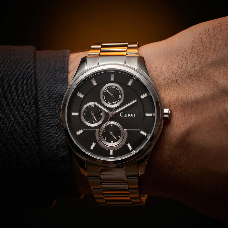 Canon men's analog quartz watch with black dial, day-date subdials, and stainless steel strap on wrist