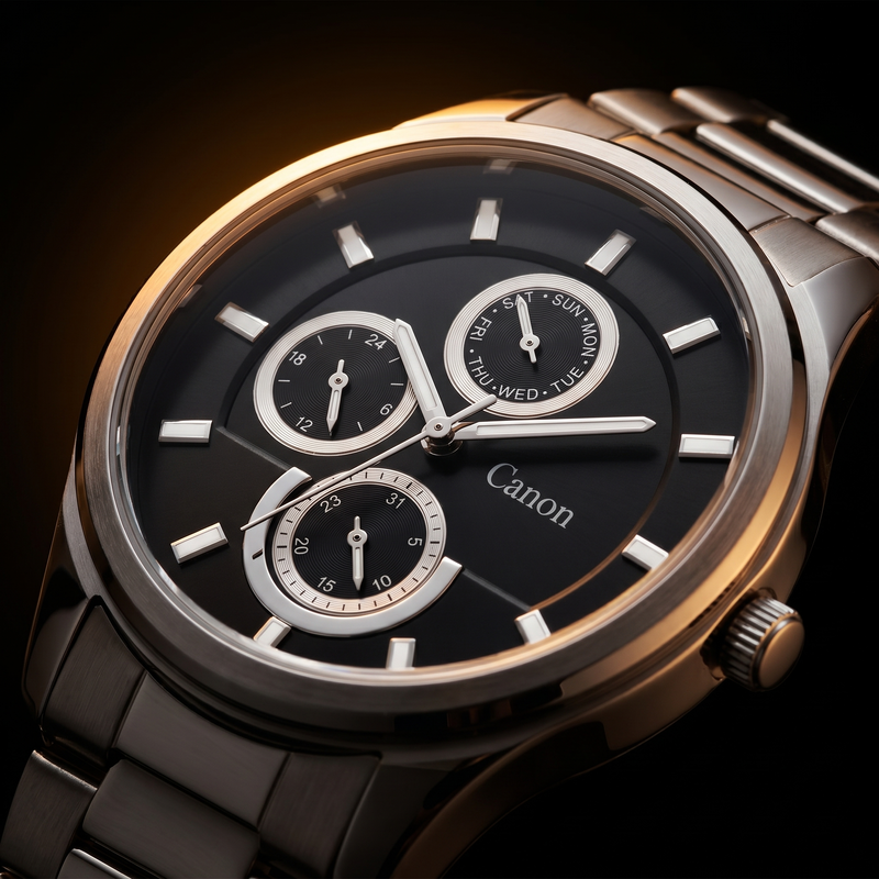 Canon men's analog quartz watch with black dial, day-date subdials, and stainless steel strap