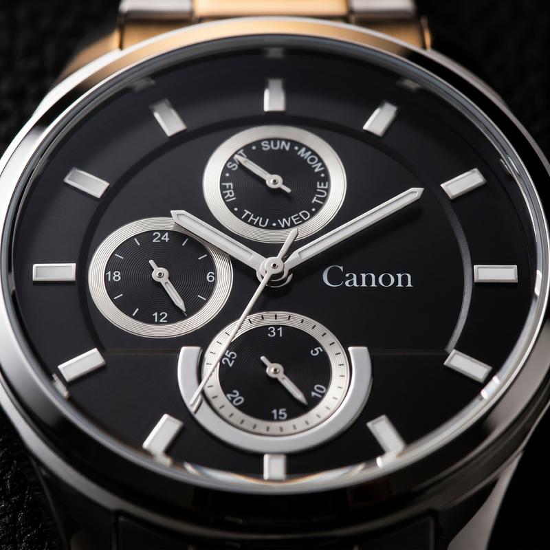 Canon men's analog quartz watch with black dial, day-date subdials, and silver-tone markers