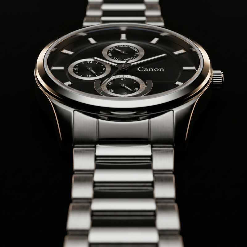 Canon men's analog quartz watch with black dial, day-date subdials, and stainless steel strap