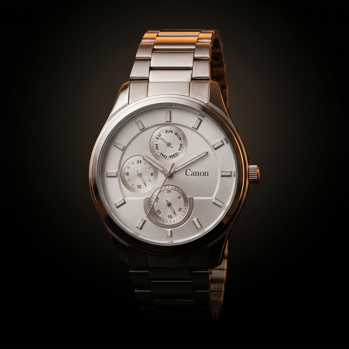 Elegant silver analog quartz watch with day-date subdials, rose gold accents, and metal bracelet on dark background