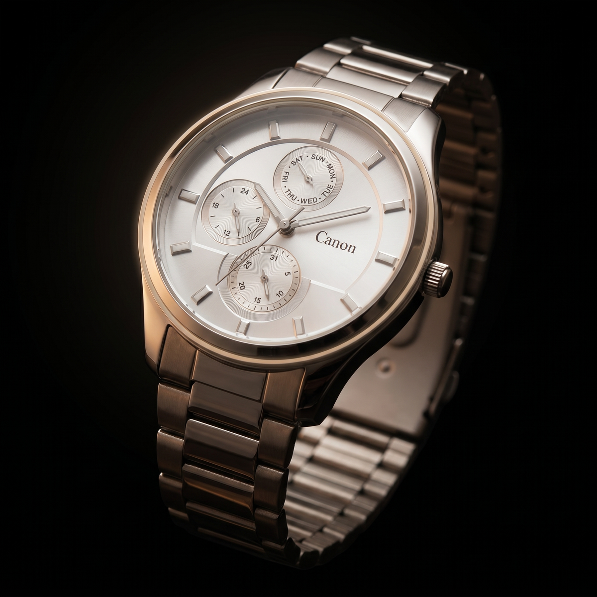 Canon analog quartz watch with day-date subdials, silver dial, and stainless steel bracelet on black background