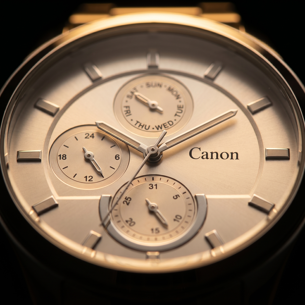 Elegant Canon analog quartz watch with day, date, and 24-hour subdials, gold-tone finish