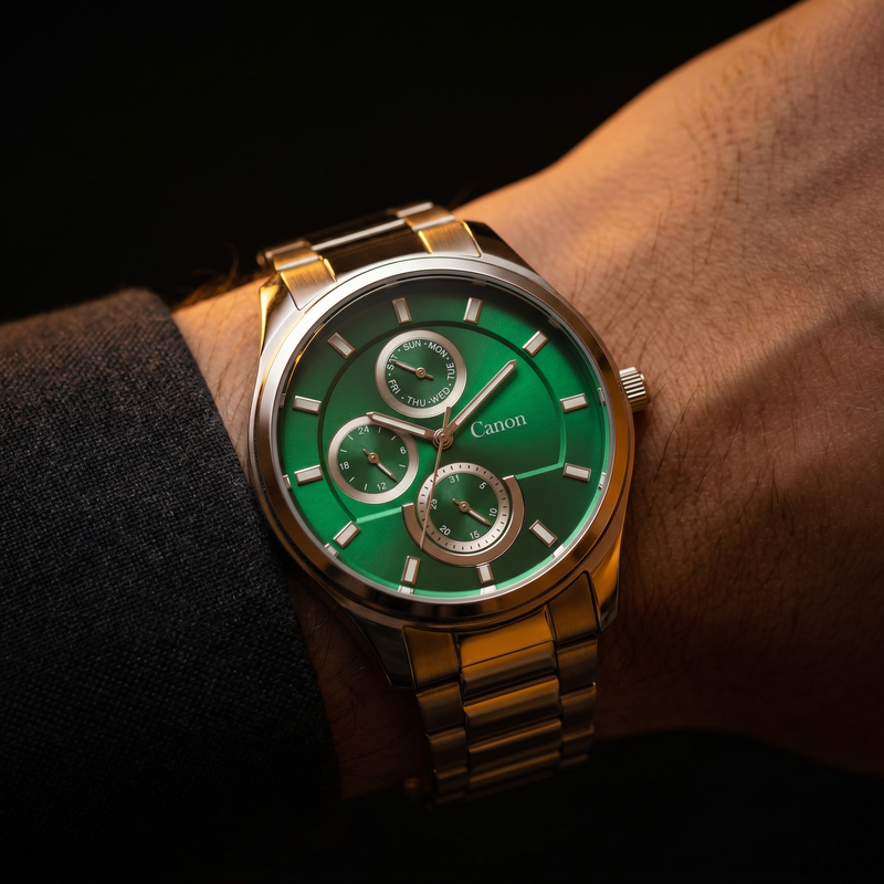 Green dial analog quartz watch with day-date subdials, stainless steel strap, worn on wrist