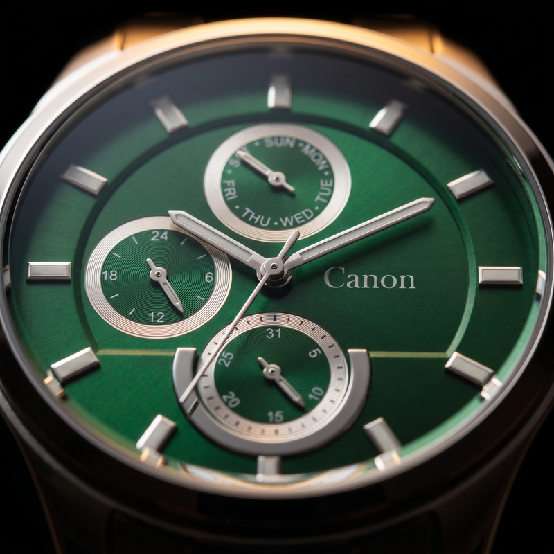Green dial analog quartz watch with day, date & 24-hour subdials, silver-tone markers, Canon logo
