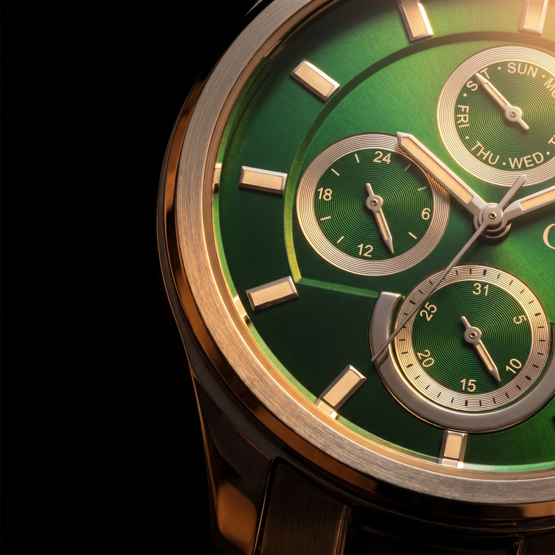 Luxury green dial analog watch with gold-tone markers and subdials, featuring day and date complications on a black background.