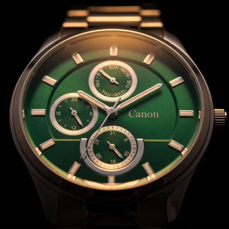 Canon green dial analog quartz watch with day, date & 24-hour subdials, gold-tone markers, metal bracelet