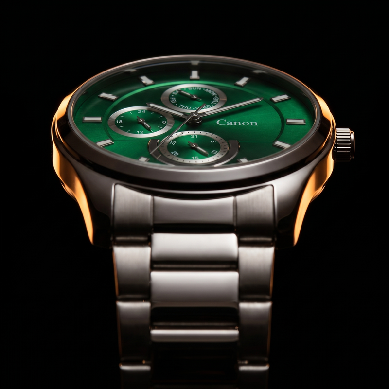 Green dial analog quartz watch with day-date subdials, stainless steel bracelet, and Canon branding