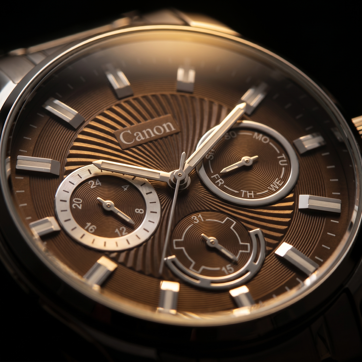 Canon analog quartz watch with brown dial, day-date subdials, and silver markers for men