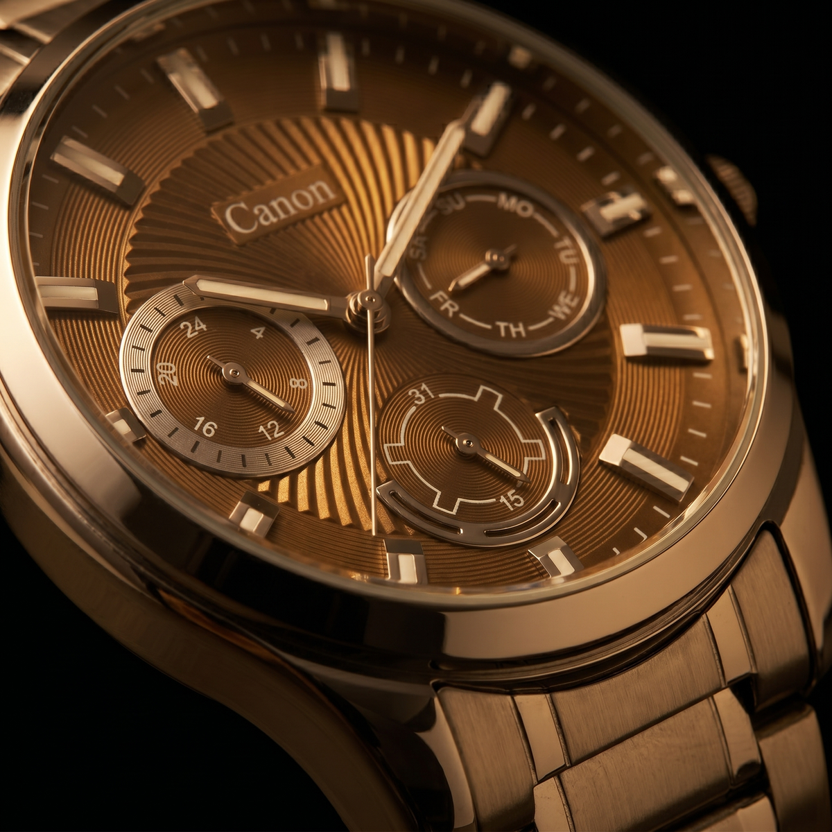 Canon men's analog quartz watch with gold dial, day-date subdials, and stainless steel strap