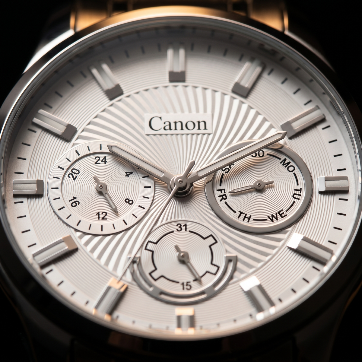 Elegant Canon analog quartz watch with sunburst dial, day-date subdials, and Japanese Miyota movement