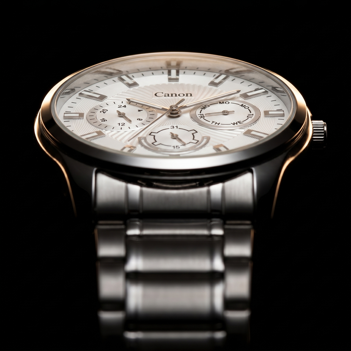 Canon men's analog quartz watch with silver dial, day-date subdials, and stainless steel strap on black background