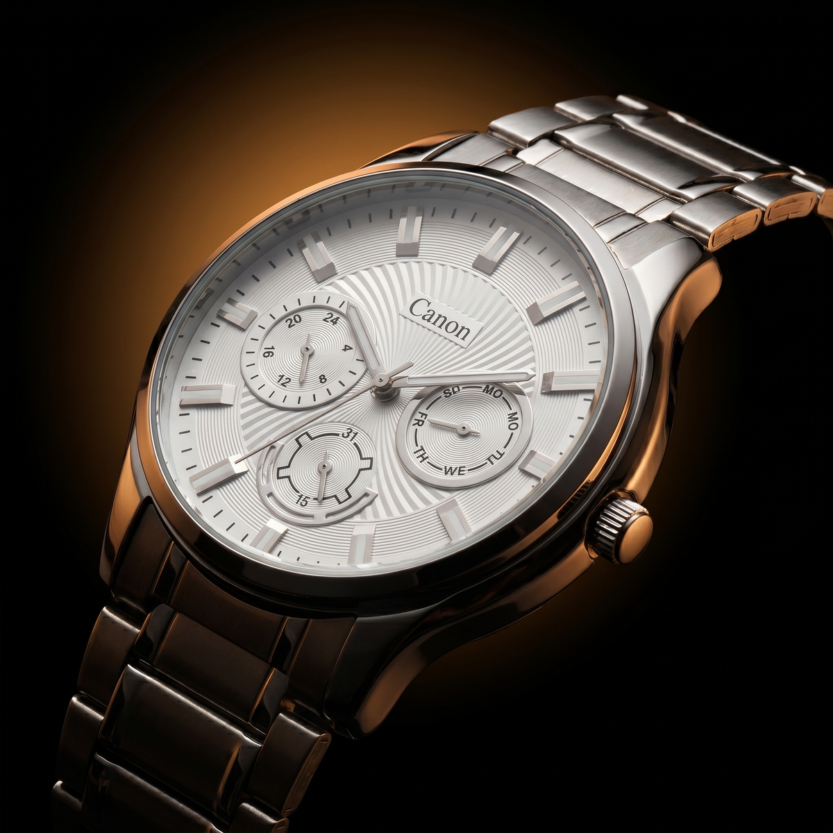 Canon men's analog quartz watch with silver dial, date & day subdials, stainless steel strap, rose gold accents