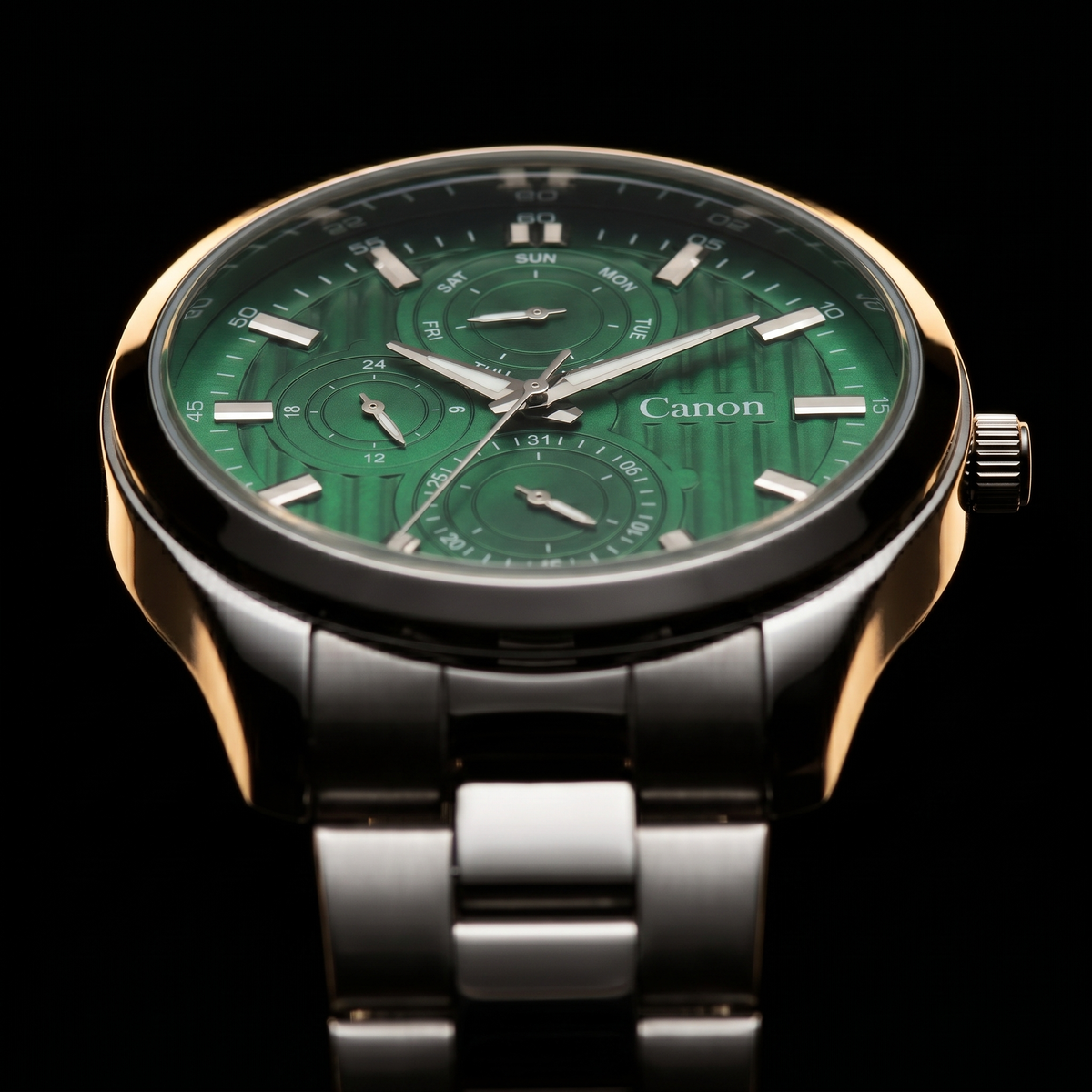 Canon men's analog quartz watch with green dial, day-date subdials, and stainless steel strap
