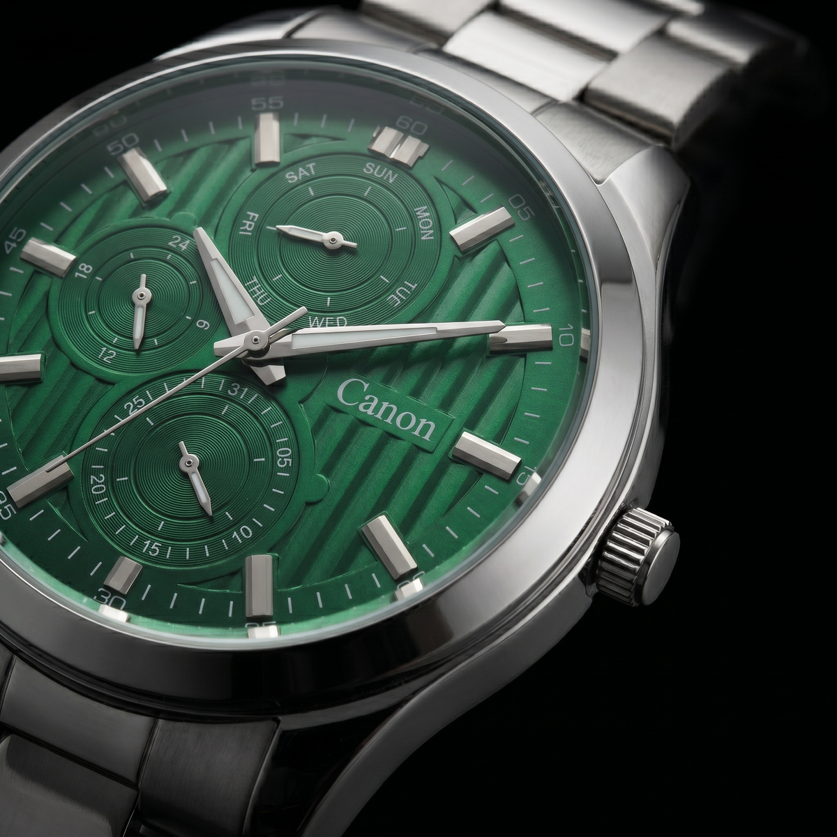 Green dial Canon analog quartz watch with day-date subdials and stainless steel strap
