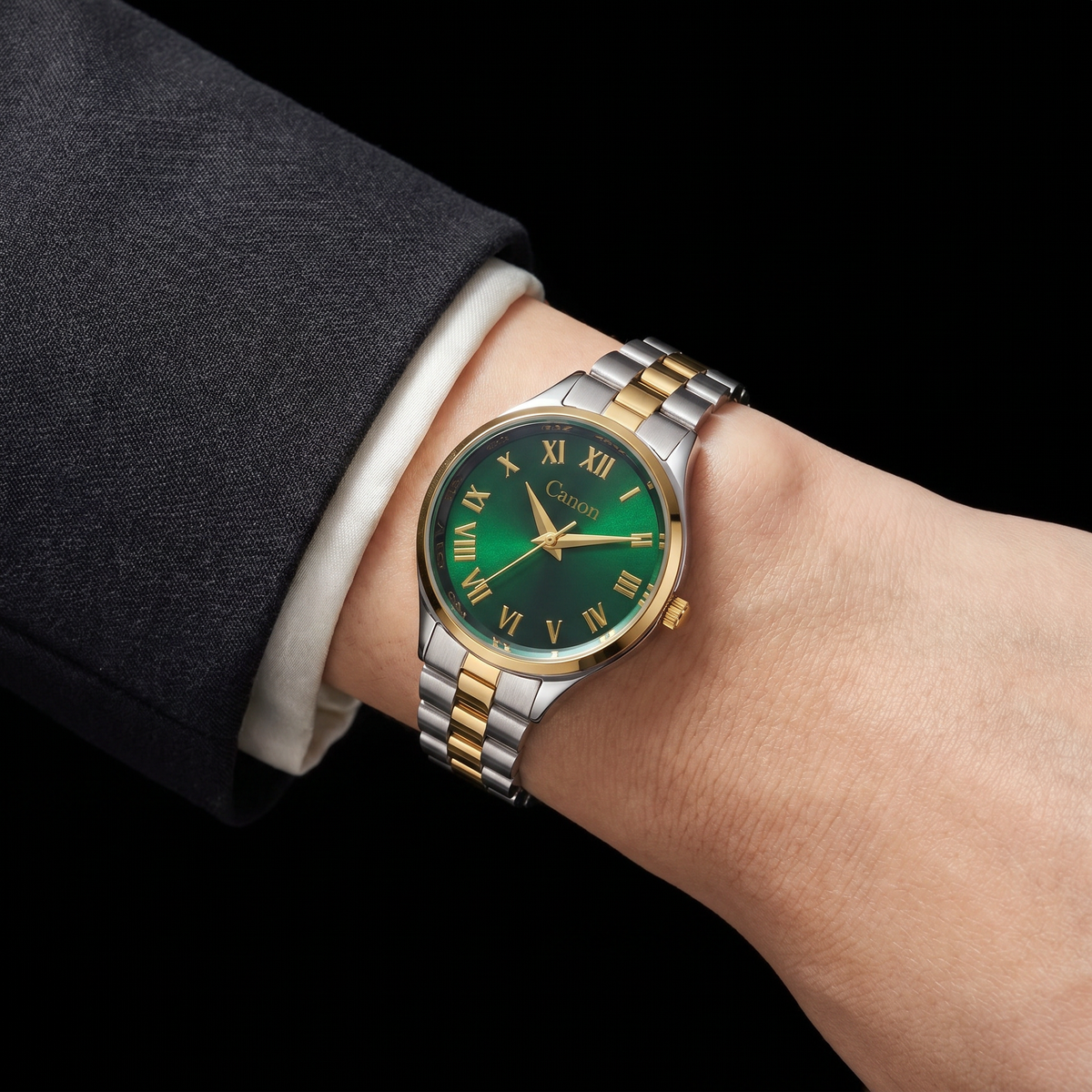 Green dial analog quartz watch with gold & silver stainless steel band, Roman numerals, worn on wrist
