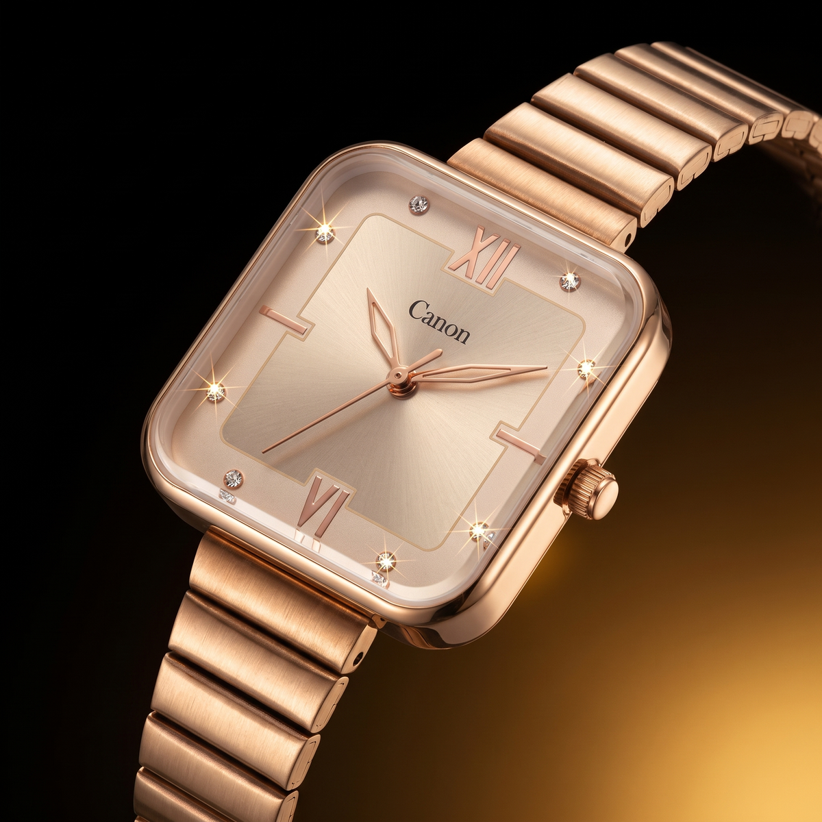 Rose gold analog quartz watch with Roman numerals, crystal accents, and metal bracelet, Canon brand visible