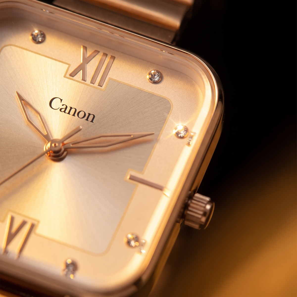Elegant gold-tone analog watch with Roman numerals, crystal markers, and Canon branding on dial