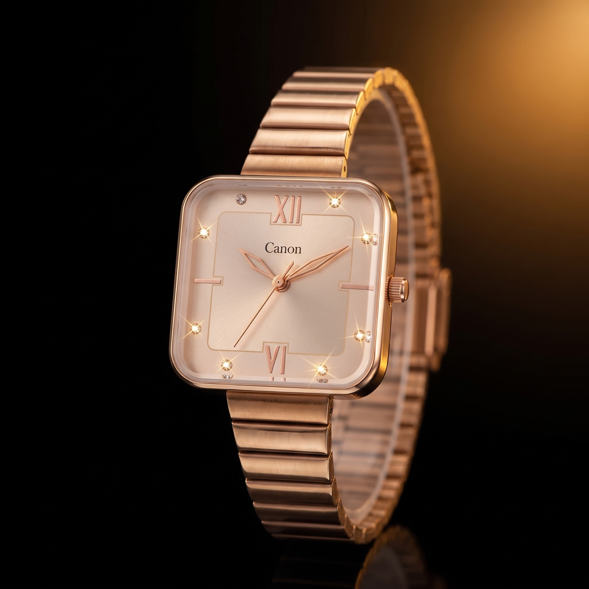 Elegant rose gold analog quartz watch with diamond accents, Roman numerals, and metal bracelet for women