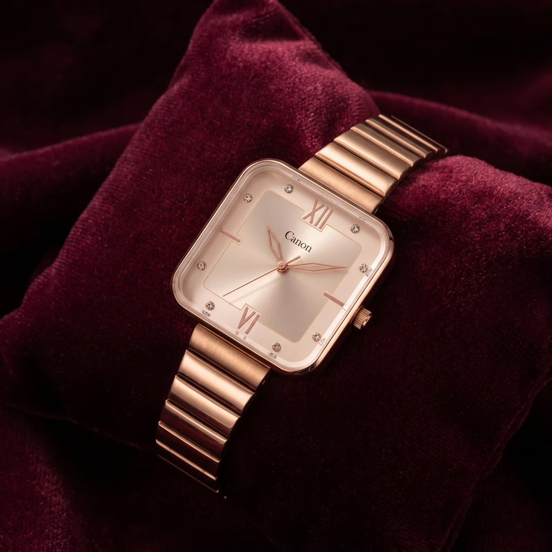 Elegant rose gold analog watch with Roman numerals and diamond accents on velvet, perfect for women
