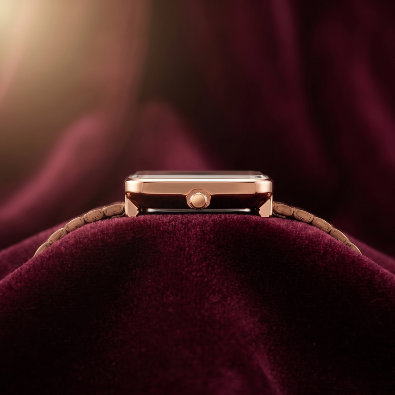 Rose gold analog quartz watch with metal bracelet, displayed on burgundy velvet
