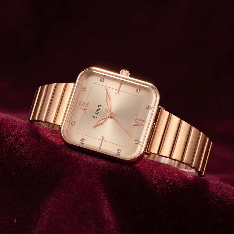 Elegant rose gold analog watch with diamond accents and Roman numerals on a velvet background