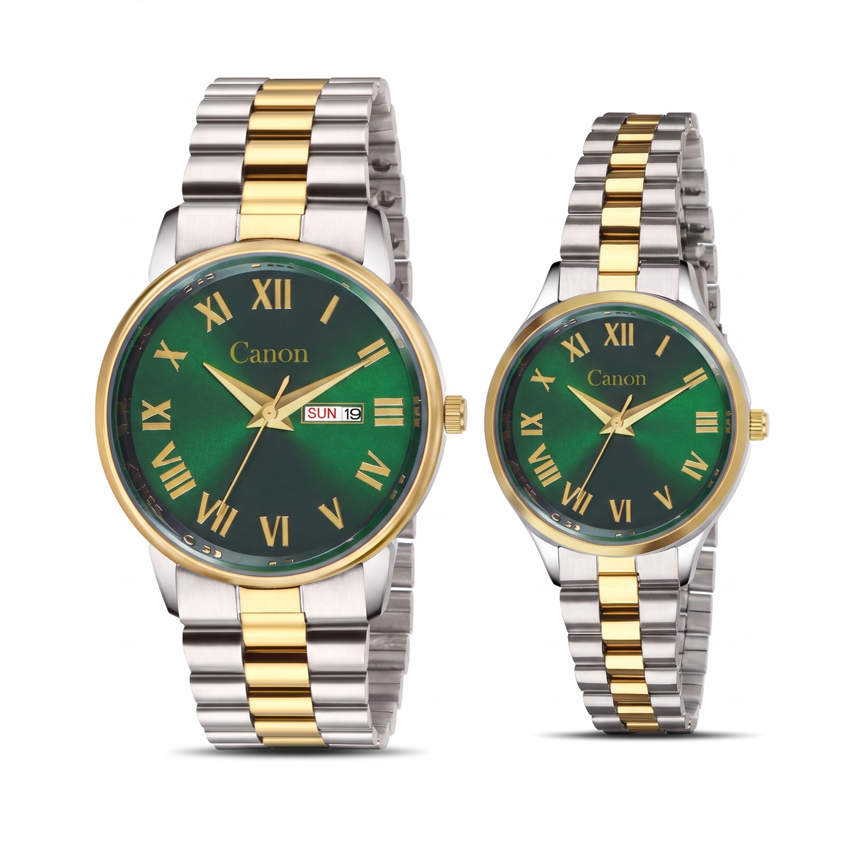 Maha Vastu Couple Watch Set – Dual Tone Gold & Green Roman Dial | Canon Quartz CN-523