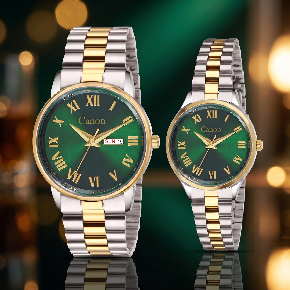 Maha Vastu Couple Watch Set – Dual Tone Gold & Green Roman Dial | Canon Quartz CN-523