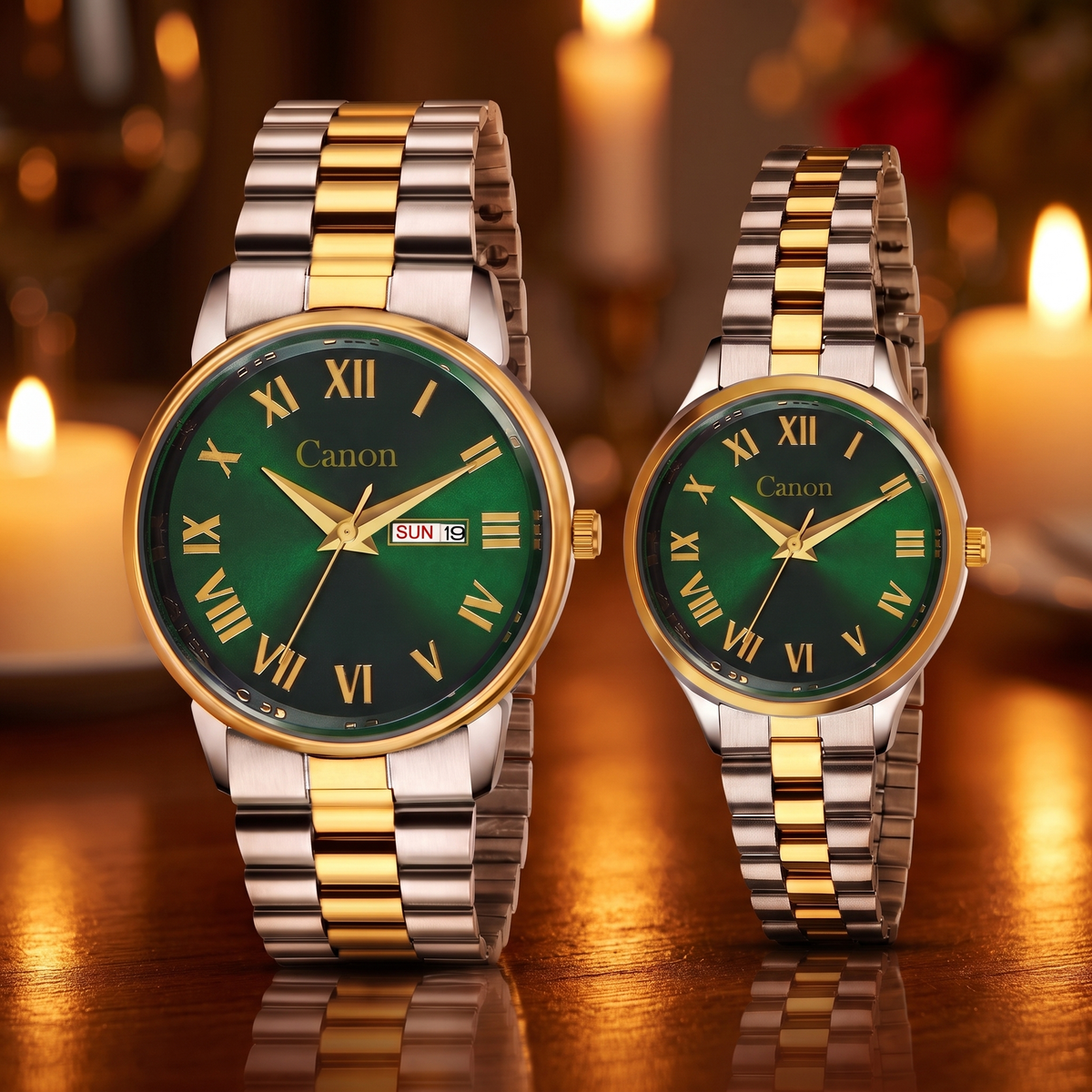Maha Vastu Couple Watch Set – Dual Tone Gold & Green Roman Dial | Canon Quartz CN-523
