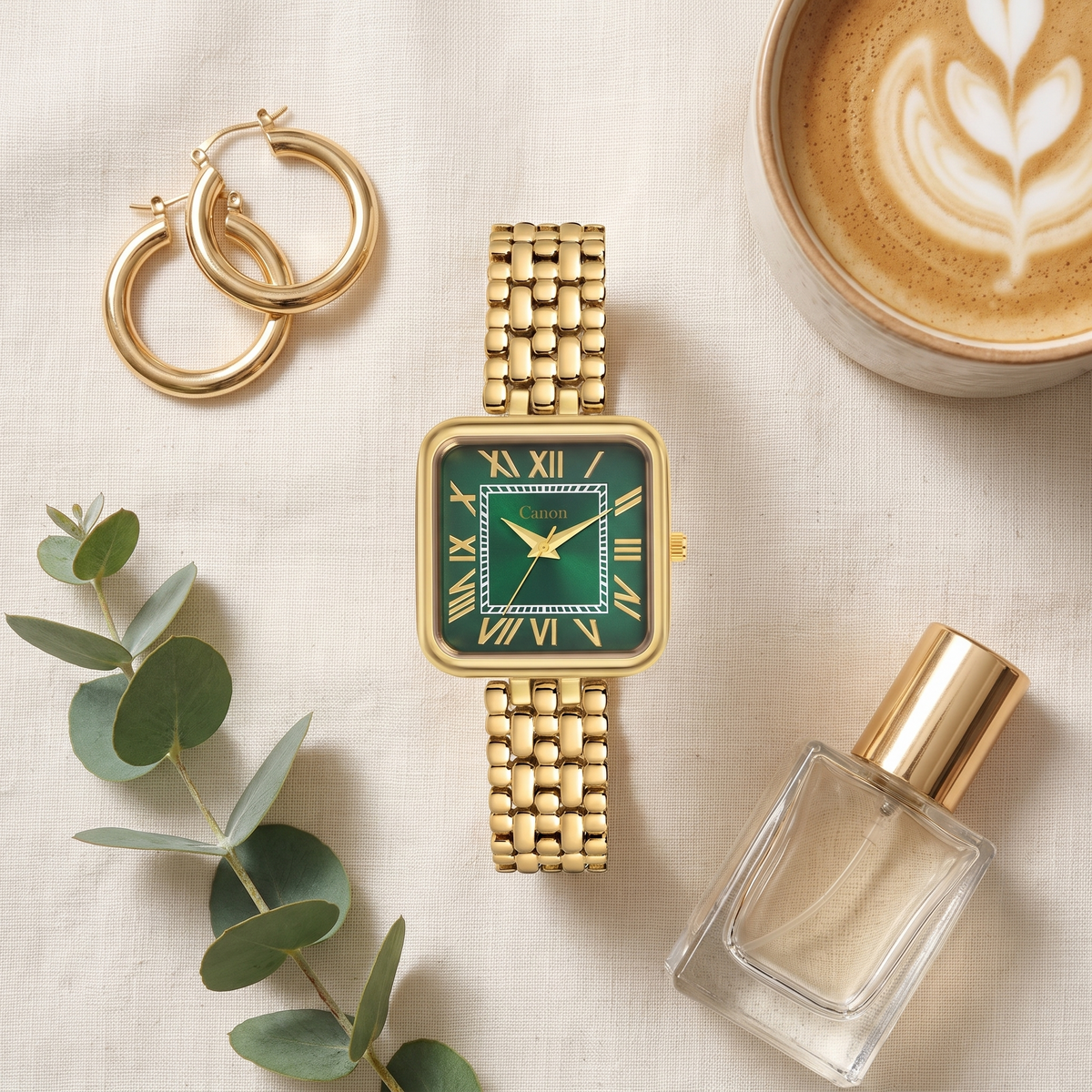 CN-532 emerald green Roman dial gold square watch flat-lay with gold earrings and perfume