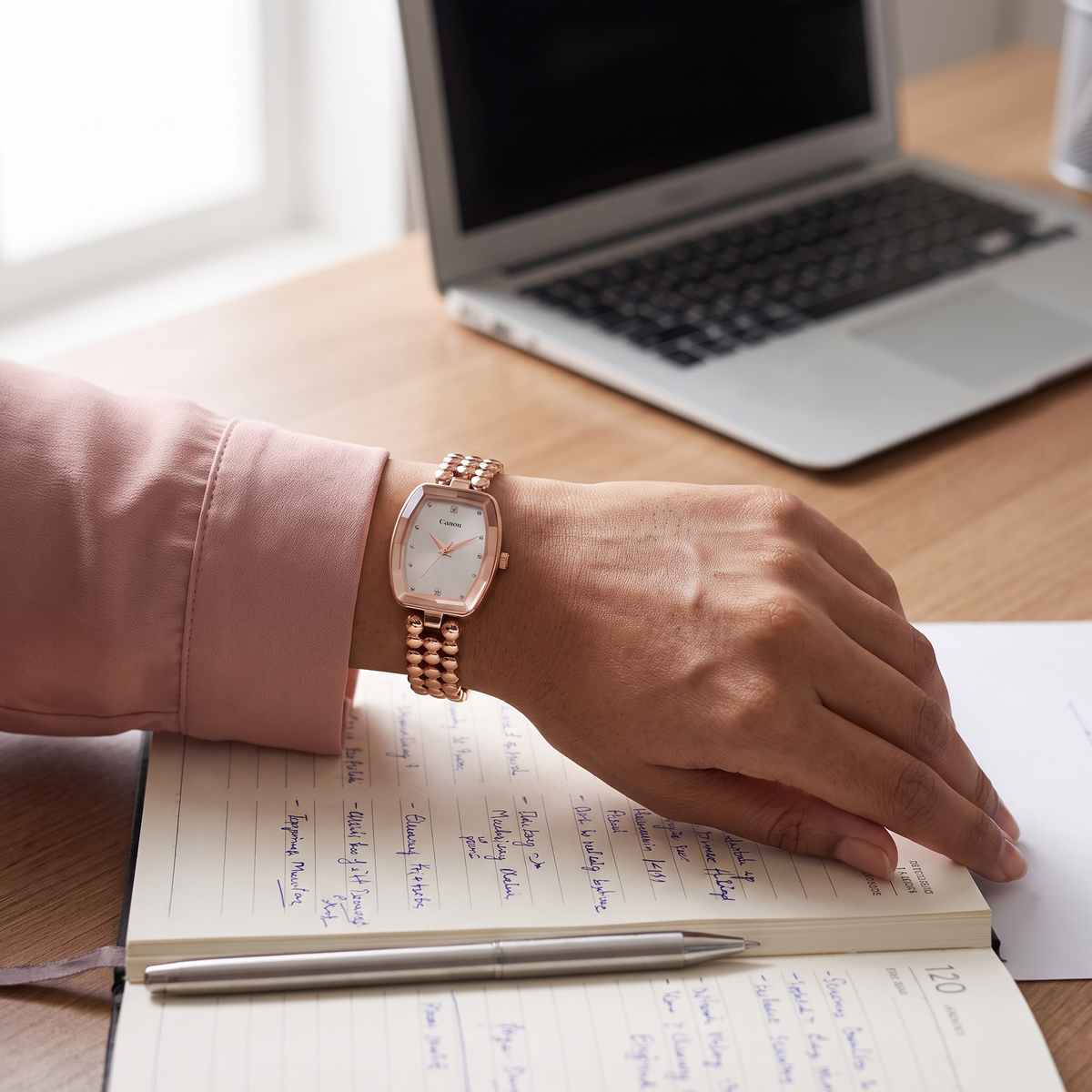 Woman wearing CN-524 rose gold watch at an office desk