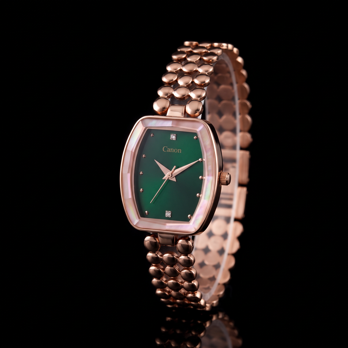 CN-525 emerald green rose gold watch at a three-quarter angle on black