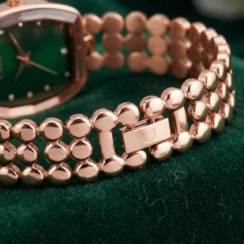 Macro of CN-525 rose gold pebble-link stainless steel bracelet and clasp