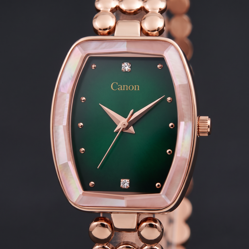 Macro close-up of CN-525 emerald green dial with crystal accents and pearlescent faceted bezel