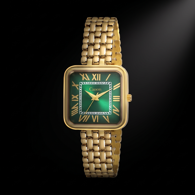 CN-532 emerald green Roman numeral dial gold square watch on black