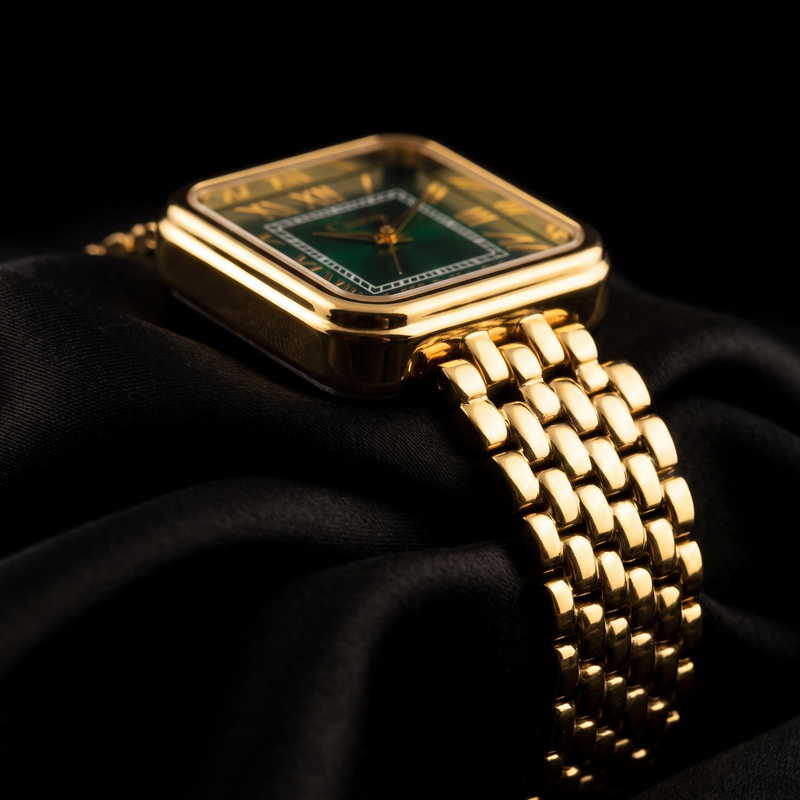 CN-532 polished gold square case and five-row bracelet on black silk
