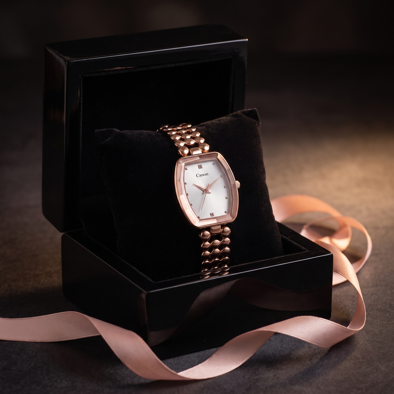CN-524 rose gold watch in a black lacquer gift box with pink ribbon