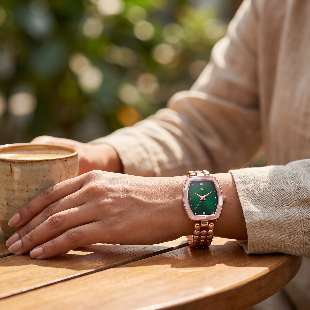 Woman wearing CN-525 at a sunlit cafe table beside a coffee cup