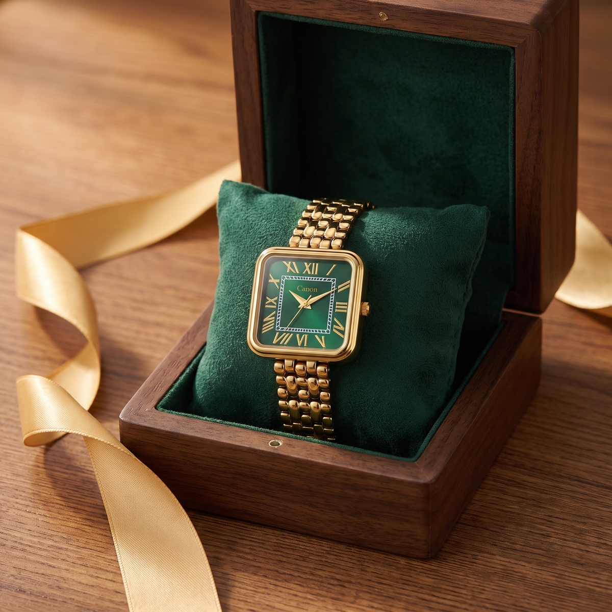 CN-532 gold square watch in a walnut gift box with gold ribbon