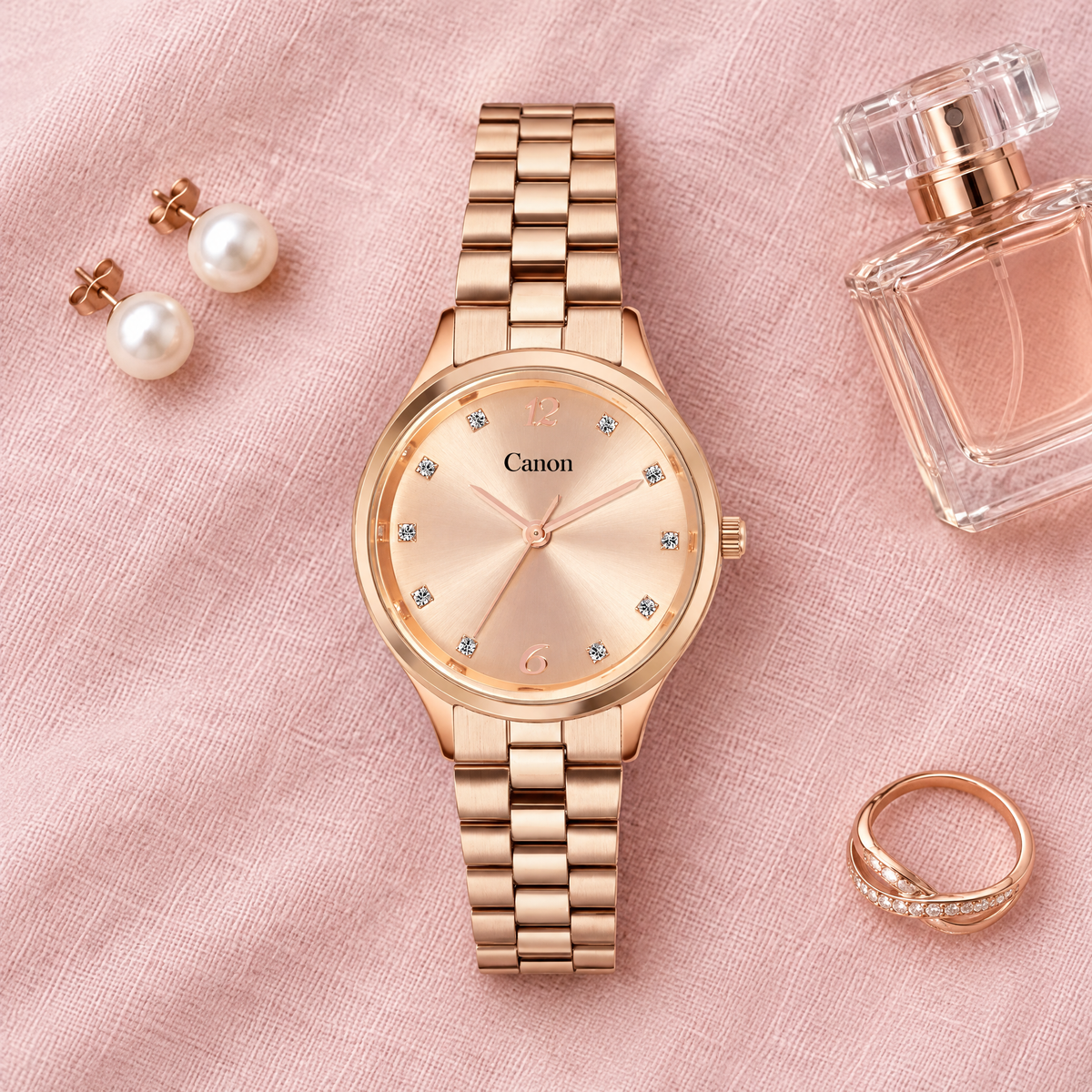 CN-531 flat-lay with pearl earrings and perfume