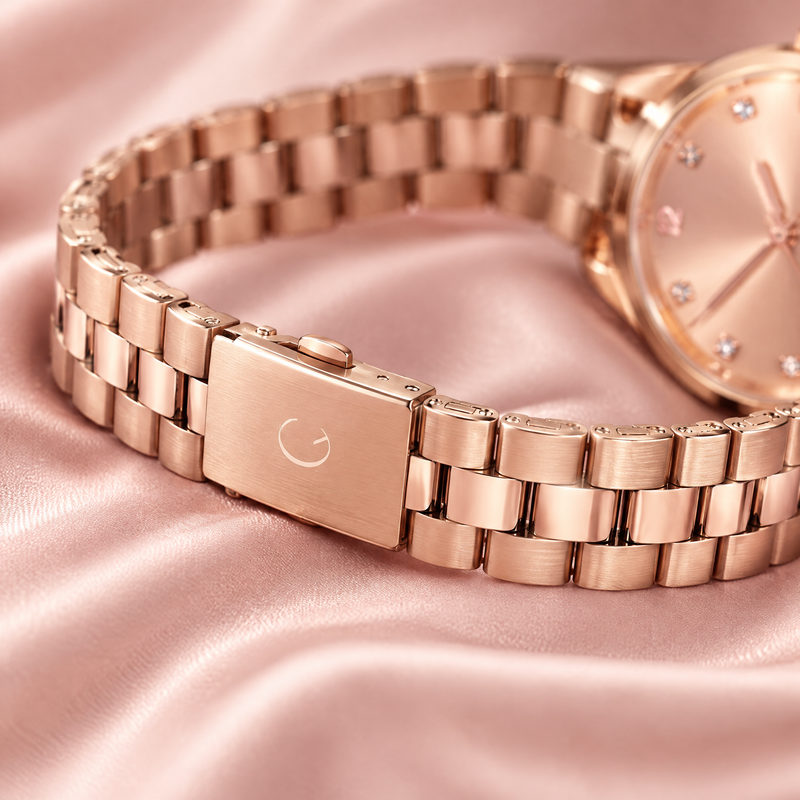 Macro of CN-531 rose gold link bracelet and fold-over clasp