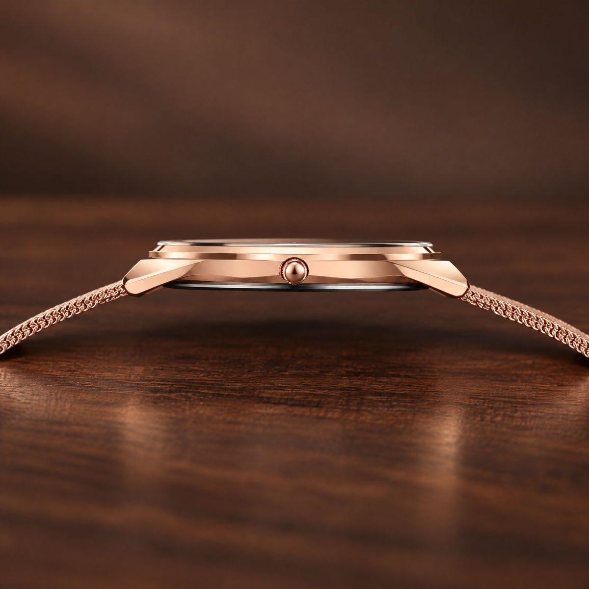 Side profile macro showing the slim CN-527 rose gold case