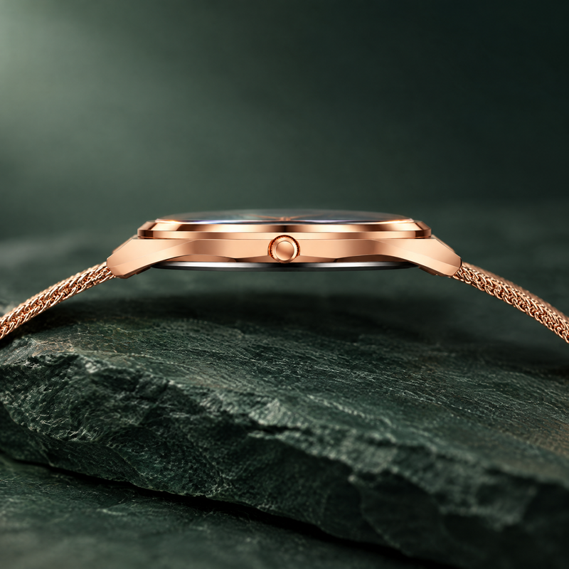 Side profile macro showing the slim CN-529 rose gold case