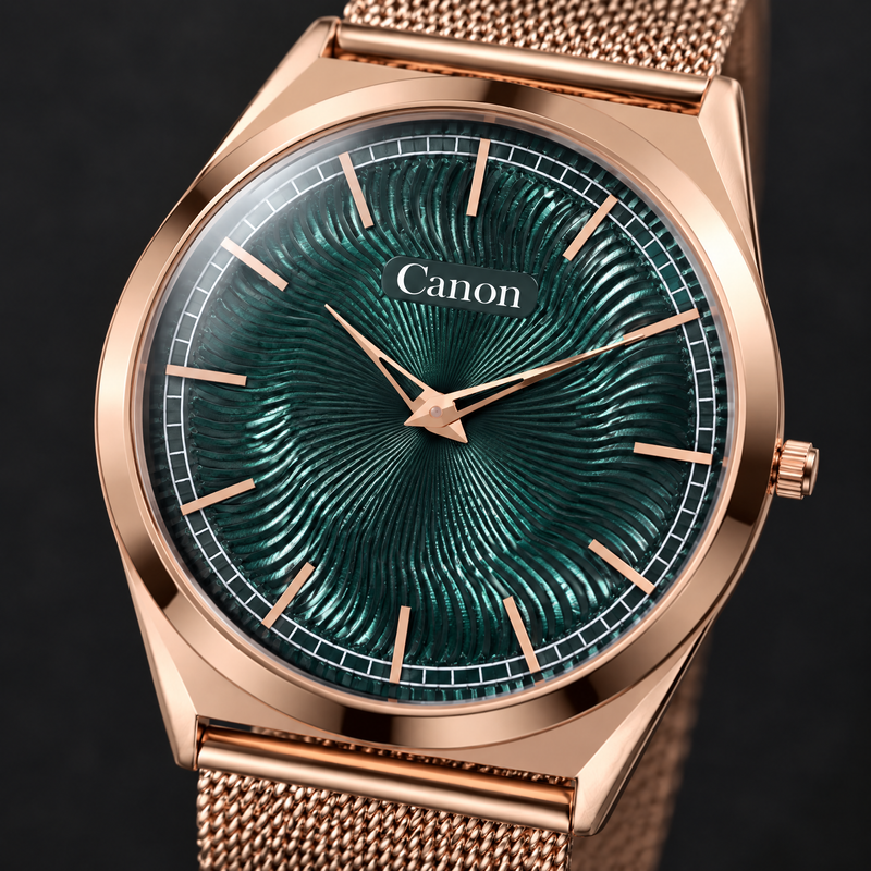 Macro close-up of CN-529 green wave guilloche dial