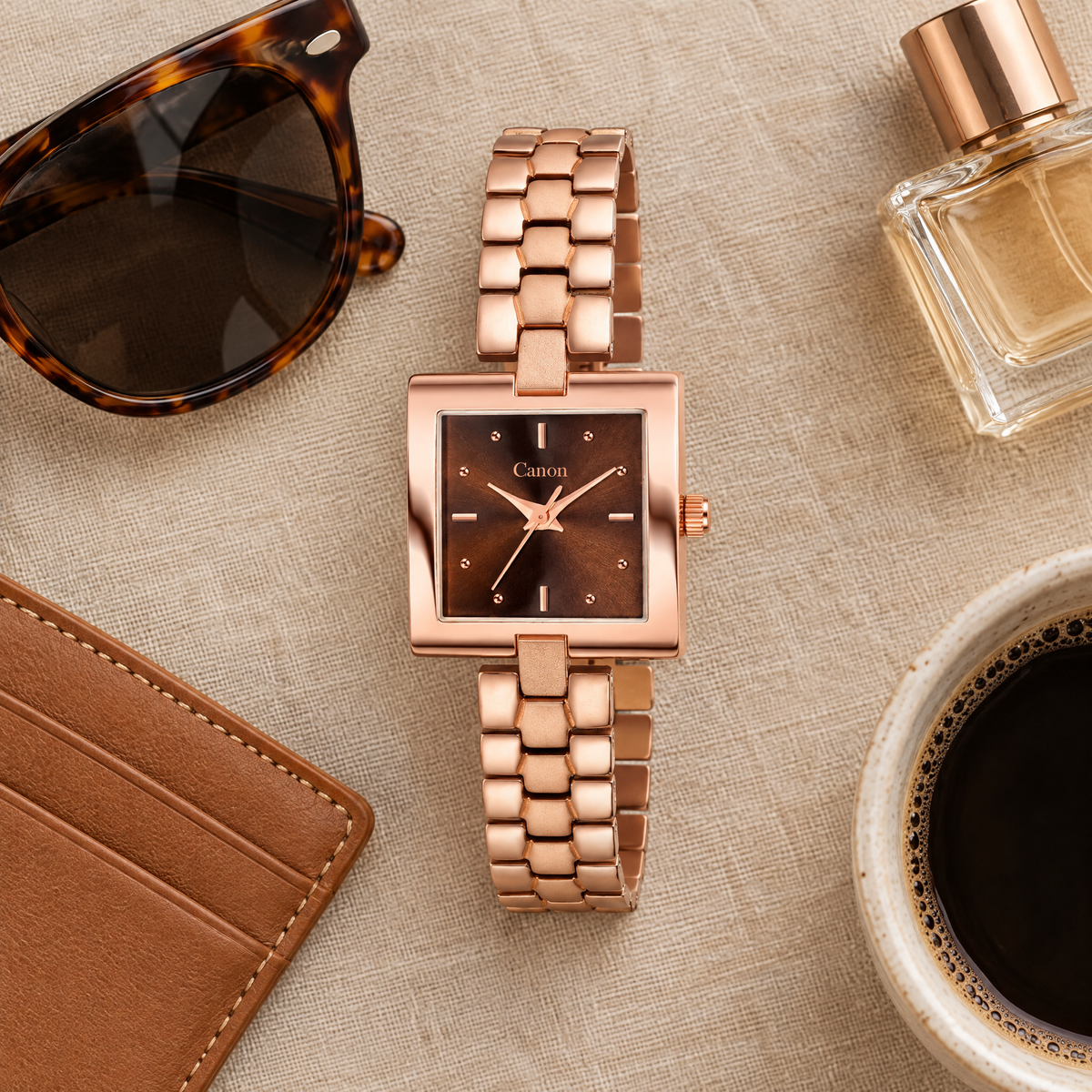 CN-538 flat-lay with sunglasses, card holder and coffee