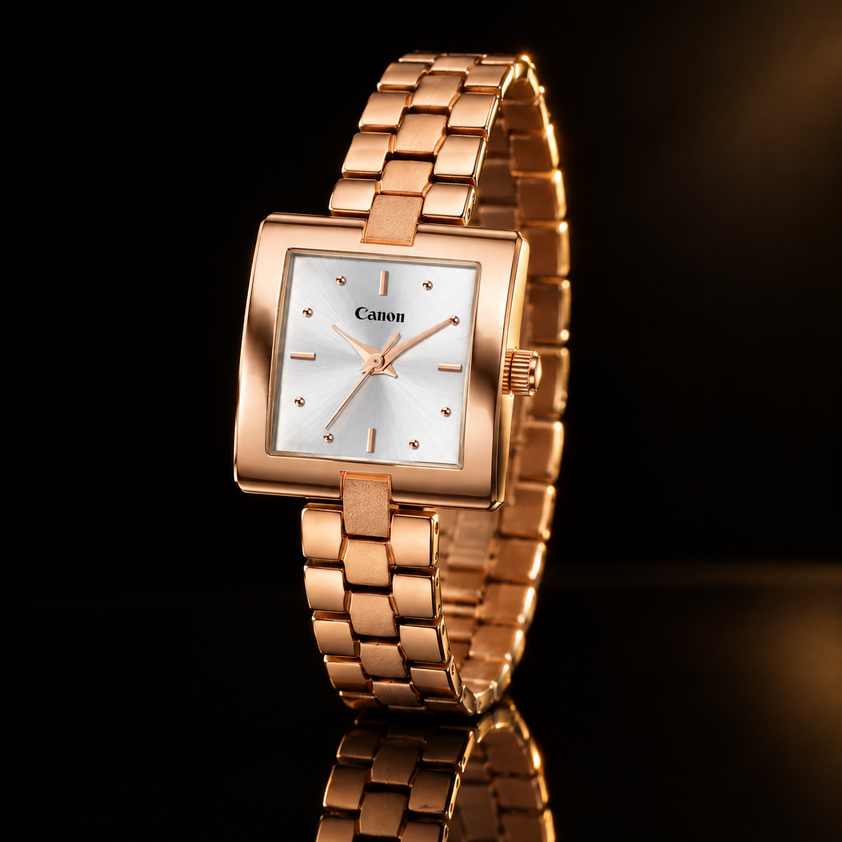 CN-539 silver square watch at a three-quarter angle on black