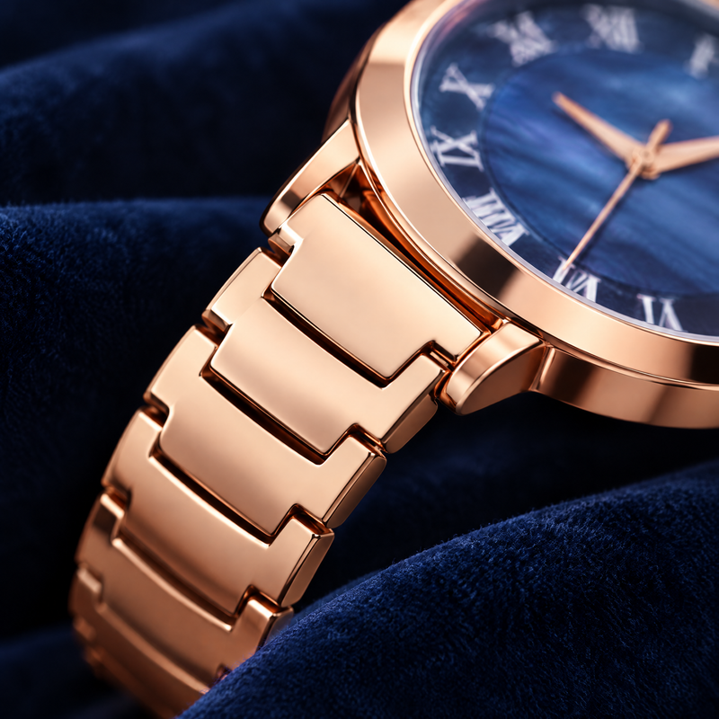 Macro of CN-540 rose gold flat-link bracelet on navy velvet